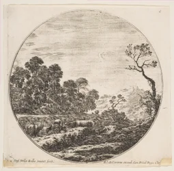 Platte 6: Kühe überqueren ein Tal links, ein Reiter und andere Kühe im Hintergrund