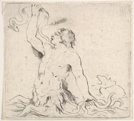 Tafel 7: ein Triton im Wasser, nach links gewandt, hält einen Aal in seiner rechten Hand hoch, ca. 1646