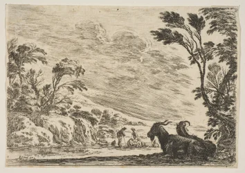 Platte 9: Zwei Ziegen ruhen rechts, nach links gewandt, vier Männer und ein Pferd im Hintergrund, 1642
