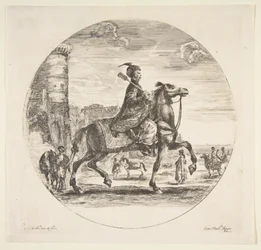Polnischer Reiter im Profil nach rechts, ein Turm und andere Figuren auf Pferden im Hintergrund
