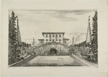Südliche Fassade der Villa und die große Wiese, aus Ansichten der Villa Pratolino
