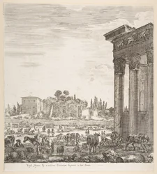 Die Säulen des Tempels des Antoninus rechts, ein Teil des Campo Vaccino in der Mitte und..., 1656