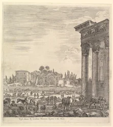 Die Säulen des Tempels des Antoninus rechts, ein Teil des Campo Vaccino in der Mitte, 1656