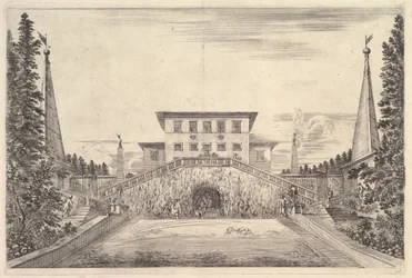 Die Villa mit vier Obelisken, einer Treppe zu beiden Seiten, einer Statue..., ca. 1653