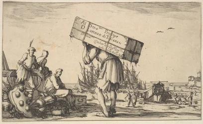 Titelseite: ein Mann trägt einen Koffer auf dem Rücken in der Mitte, drei Männer schauen zu ihm, 1639