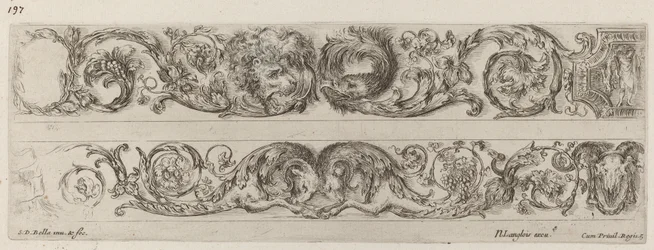 Zwei Zierbänder mit gegenüberliegenden Köpfen von Löwe und Adler und zwei Widdern, wahrscheinlich 1648