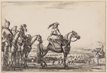 Verschiedene Figuren: Armee auf dem Marsch in der Ebene. Auf der Höhe im Vordergrund Kommandant und Begleiter, rechts Trompeter