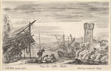 Blick auf die Küste Italiens, der Bug eines Schiffes ruht links