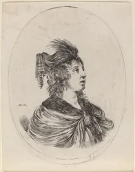 Frau mit gefiedertem Turban, nach rechts gewandt