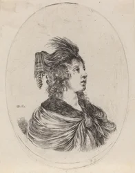 Frau mit gefiedertem Turban, nach rechts gewandt