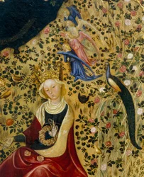 Die heilige Katharina von Alexandrien, umgeben von Engeln und einem Pfau, Detail der Madonna del Roseto