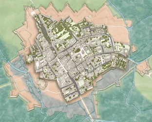 Modernes Oxford über den Verteidigungsanlagen des Bürgerkriegs, ca. 1644-1646