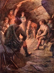 Bewaffnete Highlander sitzen am Feuer und planen für Bonnie Prince Charlie