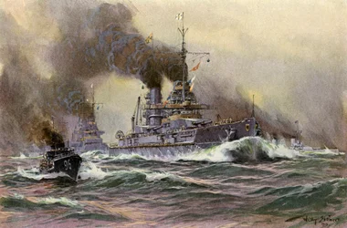 Deutsche Kriegsschiffe vor Kiel (Farblithografie)