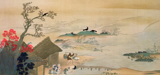 Bauern ernten Gemüse in der Nähe von Kyoto im Mittelalter, gedruckt in der Zeitschrift 