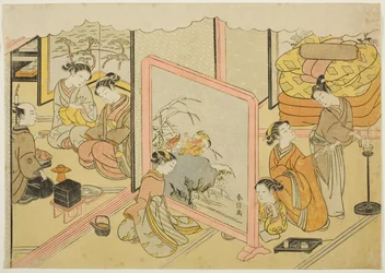 Eine Tasse Sake vor dem Schlafengehen (Toko sakazuki), das sechste Blatt der Serie "Ehe in Brokatdrucken, der Wagen der tugendhaften Frau (Konrei nishiki misao-guruma)"