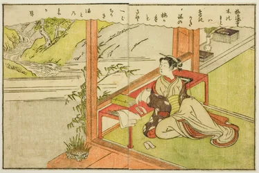 Doppelseitige Illustration aus Bd. 2 von "Bilderbuch der Frühlingsbrokate (Ehon haru no nishiki)"
