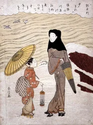 Dame und Magd spazieren am Fluss, ca. 1767