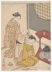 Nächtlicher Regen am Doppelregalständer, aus der Serie Acht Ansichten des Salons (Zashiki hakkei)