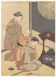 Nächtlicher Regen am Doppelregalständer, aus der Serie Acht Ansichten eines Salons (Zashiki hakkei)