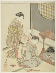 Nachtregen am Teestand (Daisu no yau), aus der Serie "Acht Ansichten des Salons (Zashiki hakkei)"