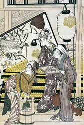 Diener, die zu Hause arbeiten, ukiyo-e Kunstwerk von Suzuki Harunobu, Holzschnitt, japanische Zivilisation, Edo-Zeit