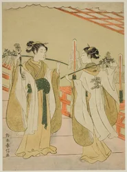 Schrein-Mädchen Onami und Ohatsu tanzen am Yushima Tenjin-Schrein