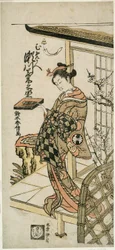 Der Schauspieler Segawa Kikunojo II als Kurtisane Umegae im Stück "Hiragana Seisuiki," aufgeführt im Ichimura-Theater im ersten Monat, 1764