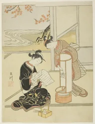 Das Abendglühen einer Lampe (Andon no sekisho), aus der Serie "Acht Ansichten des Salons (Zashiki hakkei)"