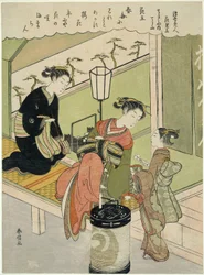 Baumpfingstrose: Chozan von Chojiya (Chojiya uchi Chozan, Kao), aus der Serie "Parodien der Schönheiten der schwebenden Welt als Blumen (Ukiyo bijin hana mitate)"