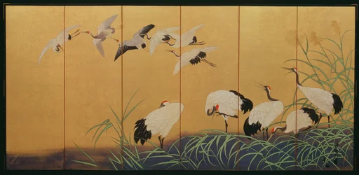 Sechsteiliger Wandschirm mit Schilf und Kranichen, Edo-Zeit, japanisch, 19. Jahrhundert