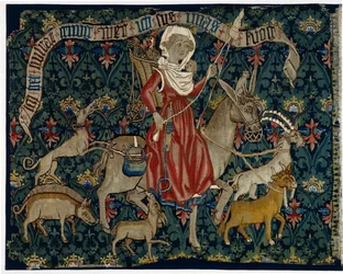 Wandteppich, der die wandernde Hausfrau oder Frau auf dem Weg zum Markt darstellt