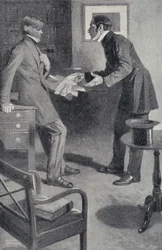 John Stuart Mill bringt seinem Freund Thomas Carlyle die schreckliche Nachricht, dass ein unachtsames Mädchen sein Manuskript verbrannt hat (Lithografie)