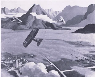 Britische Pfadfinder verlassen ihren Flugplatz auf Patrouille über das Asiago-Plateau, Italien, aus British Adventure, veröffentlicht von Collins, 1947