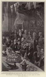 Das Mittagessen in der Guildhall, der Prinz von Wales hält seine Rede