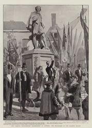 Die Vandyck-Tercentenary-Feierlichkeiten in Antwerpen, die Dekoration der Statue des Meisters