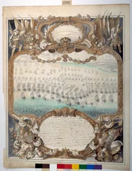 Seeschlacht bei Agouste, 22. April 1676 (schwarze Tinte & Kartographenfeder mit Aquarell auf Papier)