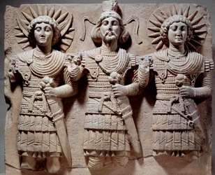 Palmyrische Triade: Baalshamin, Herr des Himmels zwischen dem Mondgott und dem Sonnengott. Flachrelief aus Kalkstein aus dem 1. Jahrhundert. Aus Palmyra, Syrien. Paris, Louvre