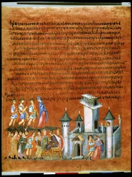 Isaak und Rebekka mit dem Philisterkönig Abimelech in Gerar (Miniatur)