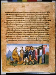 Ganzseitig: Text und Miniatur: Jakob offenbart seinen Söhnen ihre Gaben