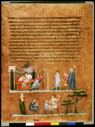 Ganzseitig: Text und Miniatur: Joseph wird von Potiphars Frau versucht