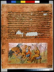 Ganzseitig: Text und Miniatur: Josephs Brüder finden ihre Geldbeutel und zeigen sie Jakob