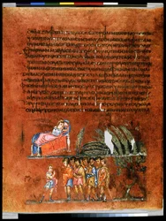 Ganzseitig: Text und Miniatur: Josephs Traum von den Garben