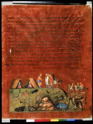 Ganzseitig: Text und Miniatur: Laban verhandelt mit Jakob