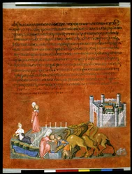 Ganzseitig: Text und Miniatur: Rebekka und Eliezer am Brunnen außerhalb der Stadt Nahor