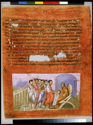 Vollseite: Text und Miniatur: Ruben fordert, dass Benjamin sich ihnen auf der zweiten Reise anschließt (Miniatur)