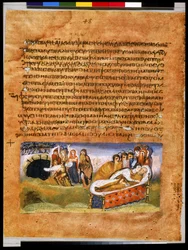 Ganzseitig: Text und Miniatur: Tod, Klage und Beerdigung von Jakob