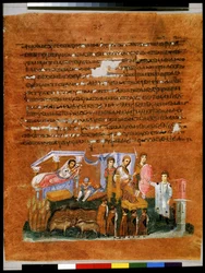 Vollseite: Text und Miniatur: Der Pharao erzählt Joseph seine Träume von den Kornähren und den Kühen