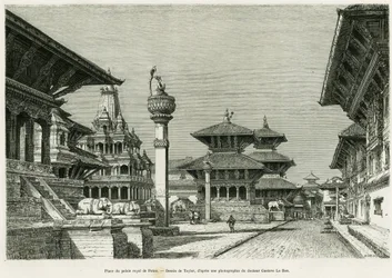 Platz des Königspalastes von Patan (heutiges Lalitpur). Gravur von Taylor zur Illustration der Geschichte Voyage au Nepal, von Dr. Gustave Le Bon (1841-1931), in Le Tour du monde 1886, unter der Leitung von Edouard Charton (1807-1890), Hachette, Paris.