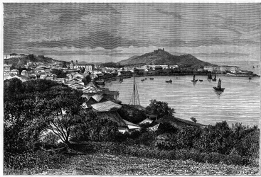 Blick auf die Bucht von Macau. Gravur nach einer Zeichnung von Taylor, in "Le Tour du Monde, Nouveau journal des Voyages", herausgegeben von Edouard Charton, Paris